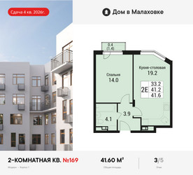 Планировка двухкомнатной(квартира) площадью 41.6 квадратных метров в ЖК “ЖК Дом в Малаховке”