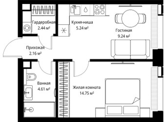 Планировка однокомнатной(квартира) площадью 38.44 квадратных метров в ЖК “ЖК Веер”
