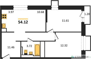 Планировка двухкомнатной(квартира) площадью 54.12 квадратных метров в “ЖК Долина Яузы”