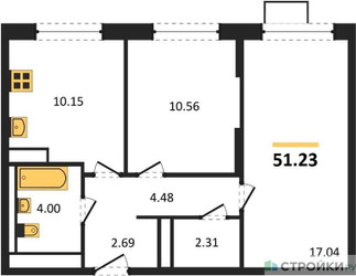 Планировка двухкомнатной(квартира) площадью 51.23 квадратных метров в ЖК “ЖК Алхимово”