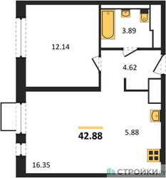 Планировка однокомнатной(квартира) площадью 42.88 квадратных метров в ЖК “ЖК Пятницкие луга”