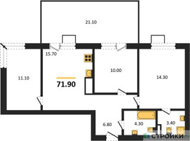 Планировка трехкомнатной(квартира) площадью 71.9 квадратных метров в “ЖК Foreville (Форевилль)”