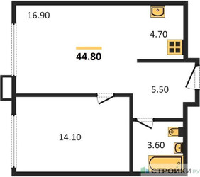 Планировка однокомнатной(апартаменты) площадью 44.8 квадратных метров в ЖК “ЖК Верейская 41”