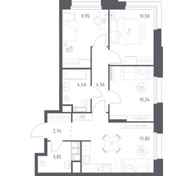 Планировка трехкомнатной(апартаменты) площадью 64.26 квадратных метров в ЖК “ЖК Апарт-отель Тропарево парк”
