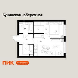 Планировка однокомнатной(квартира) площадью 36.5 квадратных метров в ЖК “Бунинская набережная”