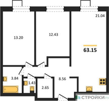 Планировка двухкомнатной(квартира) площадью 63.15 квадратных метров в “ЖК Квартал Тетрис”