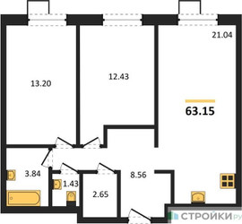 Планировка двухкомнатной(квартира) площадью 63.15 квадратных метров в ЖК “ЖК Квартал Тетрис”
