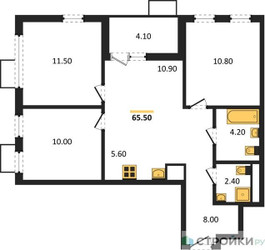 Планировка трехкомнатной(квартира) площадью 65.5 квадратных метров в ЖК “ЖК Скандинавия”