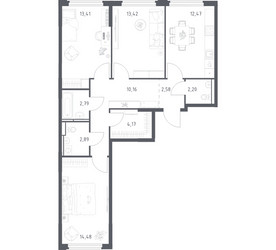 Планировка трехкомнатной(квартира) площадью 78.57 квадратных метров в ЖК “ЖК Космический Квартал”