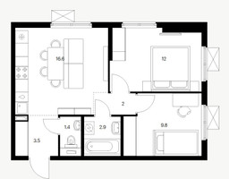 Планировка двухкомнатной(квартира) площадью 48.2 квадратных метров в “ЖК Юнино”