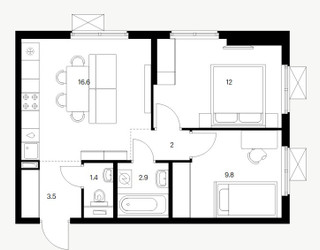 Планировка двухкомнатной(квартира) площадью 48.2 квадратных метров в ЖК “ЖК Юнино”