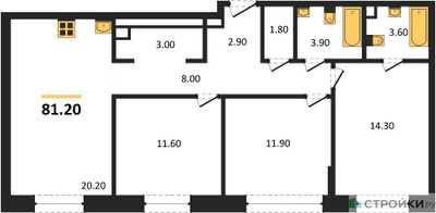 Планировка трехкомнатной(квартира) площадью 81.2 квадратных метров в ЖК “ЖК Шагал”
