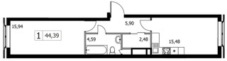 Планировка однокомнатной(квартира) площадью 44.39 квадратных метров в “ЖК Городские Истории”