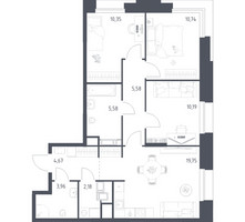 Планировка трехкомнатной(апартаменты) площадью 73 квадратных метров в “ЖК Апарт-отель Тропарево парк”
