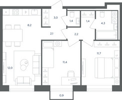 Планировка трехкомнатной(квартира) площадью 58 квадратных метров в “ЖК Равновесие”
