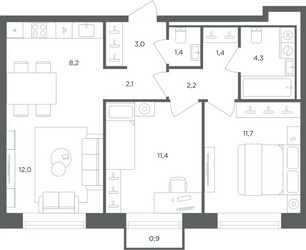 Планировка трехкомнатной(квартира) площадью 58 квадратных метров в ЖК “ЖК Равновесие”