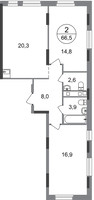 Планировка двухкомнатной(квартира) площадью 66.5 квадратных метров в “ЖК Переделкино Ближнее”