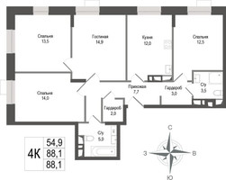 Планировка 4+ комнатной(квартира) площадью 88.1 квадратных метров в “ЖК КИНОКВАРТАЛ”