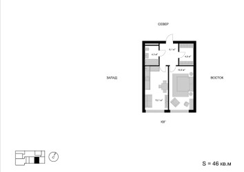 Планировка однокомнатной(квартира) площадью 46 квадратных метров в ЖК “ЖК Мытищи Сити”