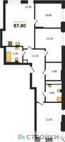 Планировка трехкомнатной(квартира) площадью 87.8 квадратных метров в “ЖК Детали”
