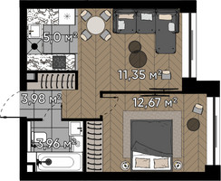 Планировка однокомнатной(квартира) площадью 37 квадратных метров в “ЖК Квартал Серебряный бор”
