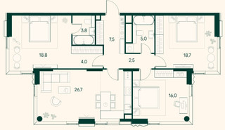Планировка трехкомнатной(квартира) площадью 103 квадратных метров в “ЖК Клубный город на реке Primavera (Примавера)”