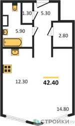 Планировка студии(квартира) площадью 42.4 квадратных метров в ЖК “ЖК Sydney City (Сидней Сити)”