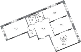 Планировка трехкомнатной(квартира) площадью 89.9 квадратных метров в “ЖК Переделкино Ближнее”