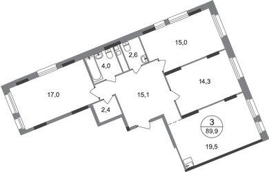 Планировка трехкомнатной(квартира) площадью 89.9 квадратных метров в ЖК “ЖК Переделкино Ближнее”