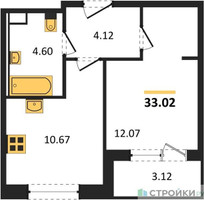 Планировка однокомнатной(квартира) площадью 33.02 квадратных метров в “Жилые кварталы Новое Пушкино”