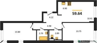Планировка двухкомнатной(квартира) площадью 59.64 квадратных метров в ЖК “ЖК Квартал Марьино”