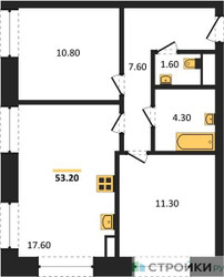 Планировка двухкомнатной(квартира) площадью 53.2 квадратных метров в ЖК “ЖК Обручева 30”