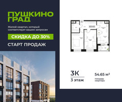 Планировка трехкомнатной(квартира) площадью 54.65 квадратных метров в “ЖК Пушкино Град”