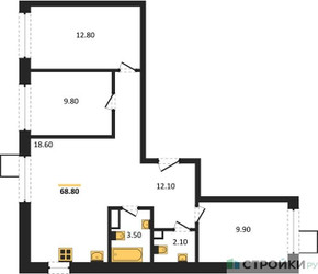 Планировка трехкомнатной(квартира) площадью 68.8 квадратных метров в ЖК “ЖК Никольский квартал Отрада”