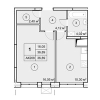 Планировка однокомнатной(квартира) площадью 36.87 квадратных метров в “ЖК Экоград Новый Катуар”