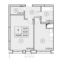 Планировка однокомнатной(квартира) площадью 36.87 квадратных метров в ЖК “ЖК Экоград Новый Катуар”