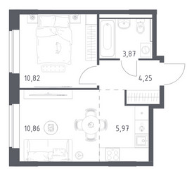 Планировка однокомнатной(квартира) площадью 35.77 квадратных метров в ЖК “ЖК Квартал Западный”