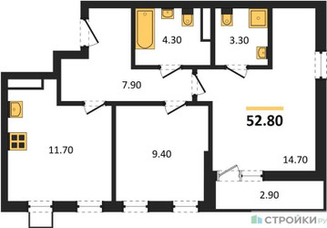 Планировка двухкомнатной(квартира) площадью 52.8 квадратных метров в ЖК “ЖК Деснаречье”