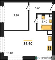 Планировка однокомнатной(квартира) площадью 36.6 квадратных метров в “ЖК ЗИЛАРТ”