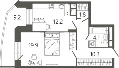 Планировка однокомнатной(квартира) площадью 51.1 квадратных метров в ЖК “ЖК Советская 18”