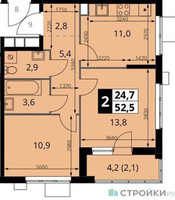 Планировка двухкомнатной(квартира) площадью 52.5 квадратных метров в “ЖК 1-й Измайловский (Первый Измайловский)”