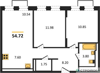 Планировка двухкомнатной(квартира) площадью 54.72 квадратных метров в ЖК “ЖК Квартал Строгино”