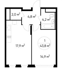 Планировка однокомнатной(квартира) площадью 43.8 квадратных метров в ЖК “ЖК Переделкино Ближнее”