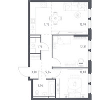 Планировка двухкомнатной(квартира) площадью 57.68 квадратных метров в “ЖК Космический Квартал”