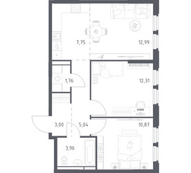 Планировка двухкомнатной(квартира) площадью 57.68 квадратных метров в ЖК “ЖК Космический Квартал”