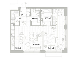 Планировка однокомнатной(квартира) площадью 62.43 квадратных метров в ЖК “Архитектурный проект Мыс”