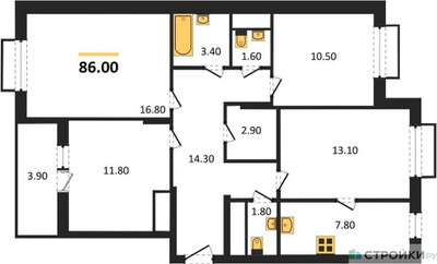 Планировка трехкомнатной(квартира) площадью 86 квадратных метров в ЖК “ЖК Римский”