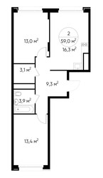 Планировка двухкомнатной(квартира) площадью 59 квадратных метров в ЖК “ЖК Переделкино Ближнее”