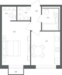 Планировка однокомнатной(квартира) площадью 38.4 квадратных метров в ЖК “ЖК Равновесие”