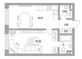 Планировка однокомнатной(квартира) площадью 48.57 квадратных метров в “ЖК MYPRIORITY Mnevniki (Май Приорити Мневники)”